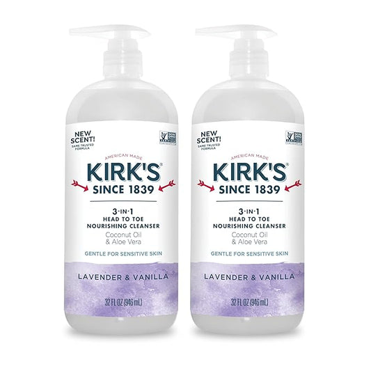 Kirk's 3-in-1 Head to Toe Nourishing Liquid Cleanser- for Men, Women & Children - Premium Coconut Oil & Aloe Vera- Non GMO & Vegan - Lavender and Vanilla - 32 Fl Oz. - 2 Pack