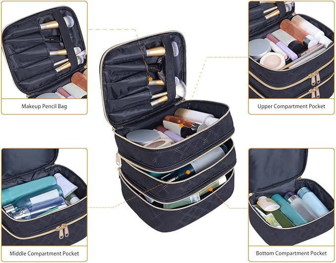Large Makeup Bag 3 Layers with Handle Travel Makeup Bag Organizer Toiletry Accessories Bottles, Brushes, and Skin Care Products (Blakc)