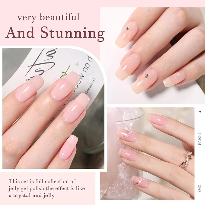 Jelly Pink Gel Nail Polish Set, 20 Colors Neutral Nude Pink Sheer Glitter White Color Soak Off UV Gel Kit with Base Gel Glossy Matte Top Coat DIY Manicure Gifts