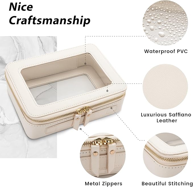 Aveniee Large Clear Makeup Bag Cosmetic bags, Travel Toiletry Bag for Women, Clear Make up Bag Case, Chic Makeup Pouch with Transparent Vinyl Windows & Gold Zippers(White)