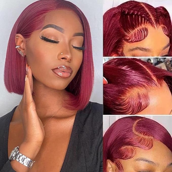 99j Bob Wig Human Hair 14inch Lace Front Wigs Human Hair 180 Density 13x4 HD Straight Red Bob Wig Human Hair Pre Plucked with Baby Hair Glueless Burgundy Lace Frontal Wigs for Women