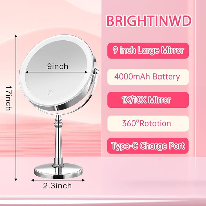 9" Large Lighted Makeup Mirror, 1X/10X Magnifying Mirror with Lights, 360 Rotate Touch Screen Vanity Light up Mirror with 3 Color Lights, Brightness Adjustable