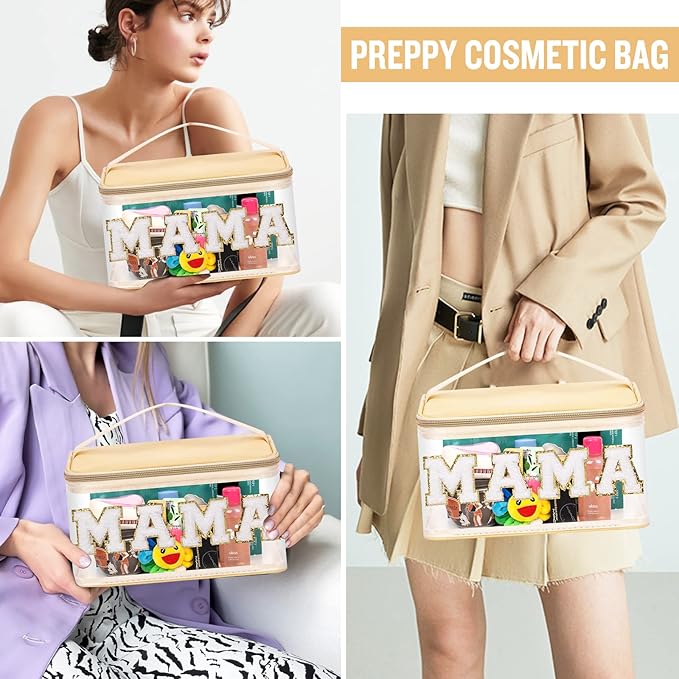 Chenille Letter Clear Makeup Bags Mama Pouch, Preppy Patch Makeup Bag Zipper with Handle, Transparent PVC & Nylon Waterproof Glitter Cosmetic Handbag Travel Toiletry Storage for Women Girl(MAMA-Beige)