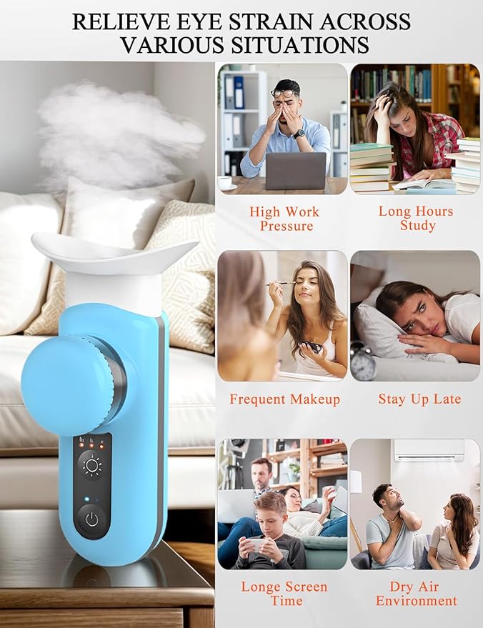 Portable Electric Heated USB Nano Eye Mist Sprayer - Steamer for Dry Eyes & Stye Relief, Warm Compress, Rechargeable Drops Steamer for Home, Office & Travel, Blue