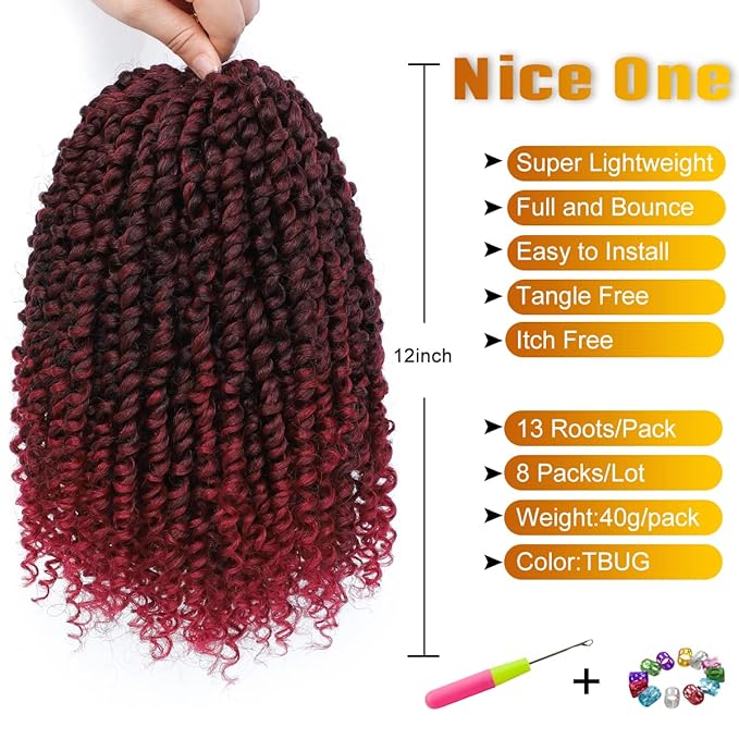 8 Packs Ombre Red Pre-Looped Passion Twists Braiding Synthetic Hair, Pre-Twisted Passion Twist Hair 12 Inch, Short Passion Twist Crochet Hair for Women Crochet Passion Twist Hair Extensions