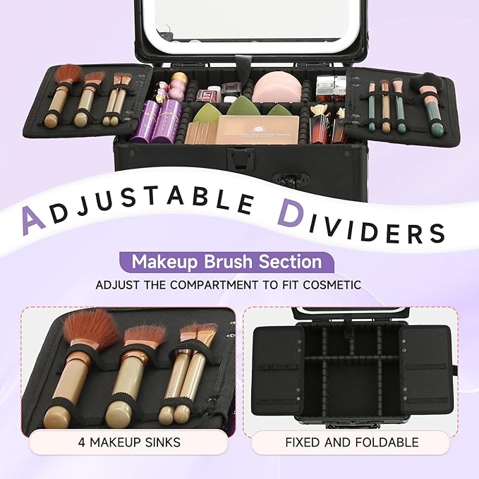 Leeora&Leekoo Makeup Box with LED Mirror & Aluminum Frame, Compact Multi-Layer Cosmetic Organizer - Portable ABS Travel Train Case for Makeup Storage(Gift for Girlfriend/Daughter) (Black)
