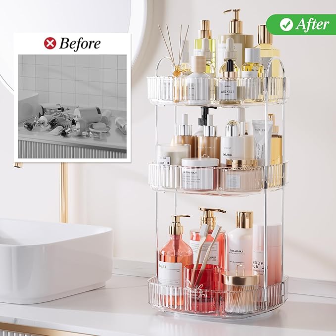 Delamu Rotating Bathroom Countertop Organizer, Large Capacity 3-Tier Multi-Function Storage for Cosmetics, Skincare, and Perfume, Makeup Organizer Countertop Ideal for Dresser, Bathroom,Vanity, Clear