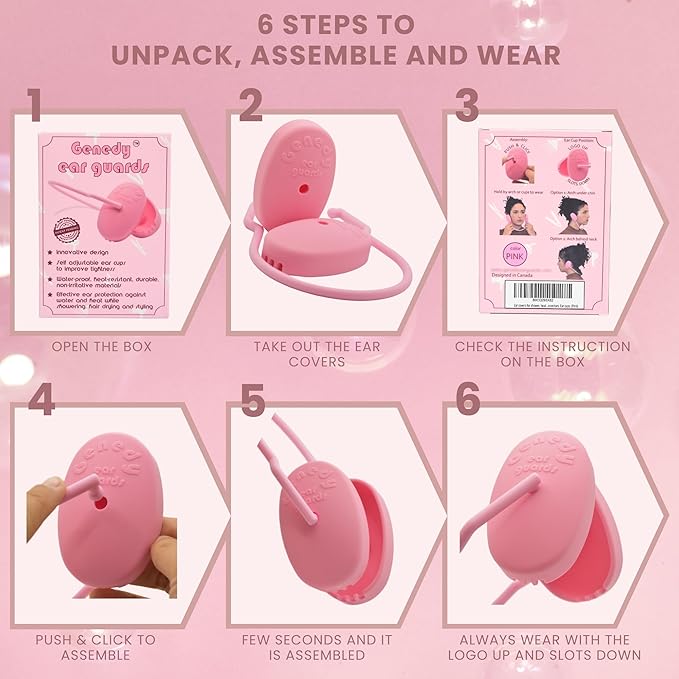 Ear Covers for Shower, Heat and Hair Dye Protection - Pink - Waterproof Ear Covers for Washing Hair - Reusable Silicone Ear Caps For Hair Dye - Ear Protectors From Heat Styling and Dryer