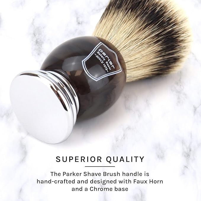 Parker Silvertip Badger Shaving Brush-Faux Horn Handle with a Chrome Base, Long Loft Dense Bristles- Men's Badger Shaving Brush with Stand Included