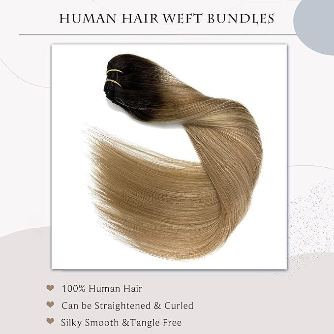 Sew in Hair Extensions Real Human Hair Bundles Ombre Brown Highlighted Blonde Weft Hair Extensions Human Hair Hand-Tied Weft Hair Extensions Human Hair 100G 16Inch Sew in Extensions for Women