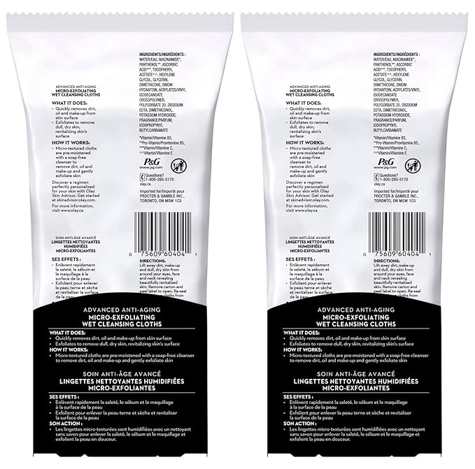 OLAY Regenerist Advanced Anti-Aging Micro-Exfoliating Cleansing Cloths 30 Each (Pack of 2)