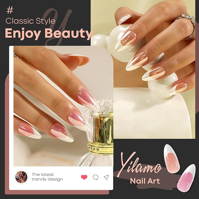 Almond Press On Nails - Medium, Mirror White Sheen French Tip, 300 PCS in 15 Sizes, 2 Colors, Chrome Glazed Glue On Nails for Daily Use and Gifts