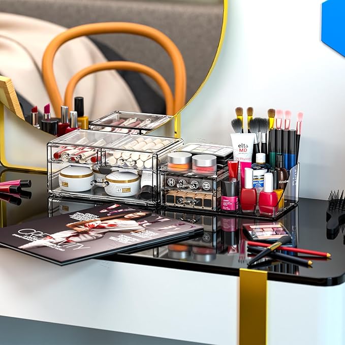 Cq acrylic Clear Make up Organizers and Storage for Vanity,2 Pcak Cute Skincare Organizer and Cosmetic Storage Organizer for Jewelry,Lipstick,Beauty,Skin Care Bathroom Counter Organizer With 5 Drawers