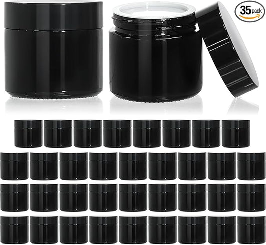 KEYWING 2oz Small Glass Jars, 35 Pack Black Glass Lotion Containers with Black Lids, Round Sample Jars with Inner Liners for Cream, Powders and Ointments