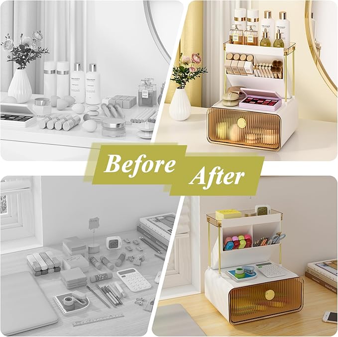 Makeup Organizer with Storage Drawer,Cosmetic Display with Lipsticks Brush Holder Perfume Tray,Organize Cosmetics and Beauty Supplies for Vanity,Dresser,Bathroom,Desktop Organizer,Amber