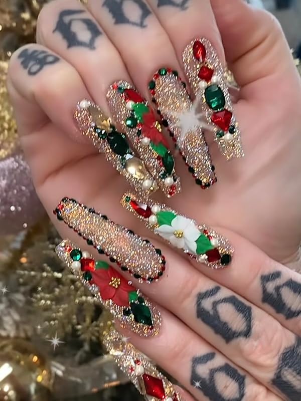 3D Acrylic Christmas Flower Nail Art Charms Handmade by Acrylic Powder - 24pcs Noel Flowers Nail Rhinestones Kit 3D Crystal Nail Pearls Design Acrylic Nail Art for Women (Christmas)