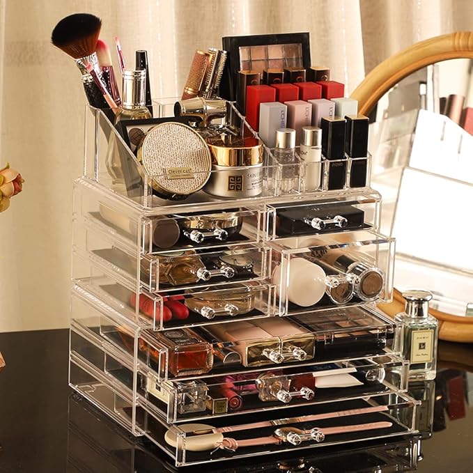 Cq Acrylic 3 Pack Clear Make Up Organizers - Stackable 8 Drawer Organizer for Vanity, Desk, Jewelry, Beauty & Skincare Products