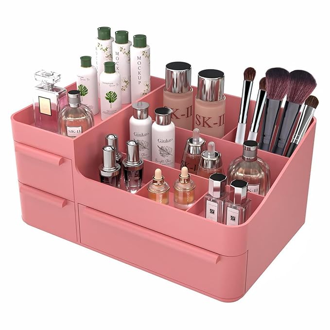 Makeup Organizer with Drawers, Countertop Organizer for Vanity, Bathroom and Bedroom Desk Cosmetics Display Case for Brushes, Lotions, Perfumes, Eyeshadow, Lipstick and Nail Polish