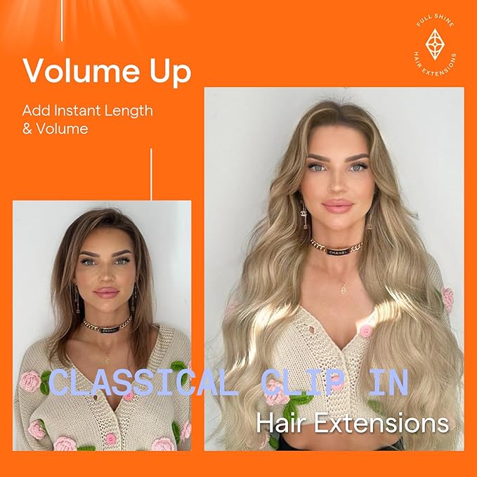 Full Shine Clip in Hair Extensions Human Hair Blonde Remy Hair Extensions Straight Light Ash Brown Ombre to Blonde Hair Clip in Extensions 20 Inch Long Hair 7 Pcs