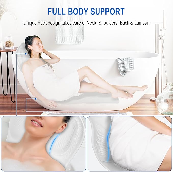 Full Body Bath Pillow for Bathtub, Thick Bathtub Cushion for Soaking Tub with Laundry Bag, Bathtub Accessories Bathtub Pillow Luxury Bathtub Pillows for Head,Neck & Back (White)