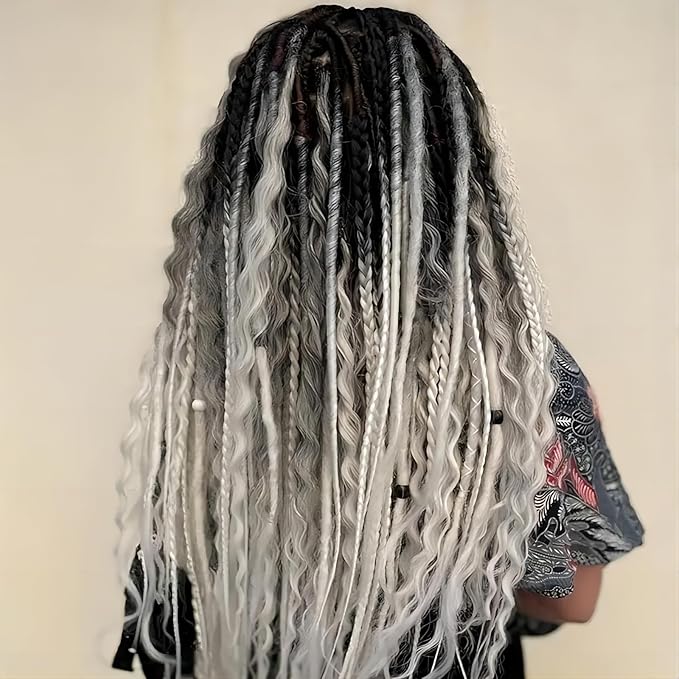 24 In Dreadlock Extensions Curly Ended, 10 Strands Ombre White Synthetic Double Ended Dreads Extensions, 100% Handmade Dreads Hippie Style Dreadlocks for Woman