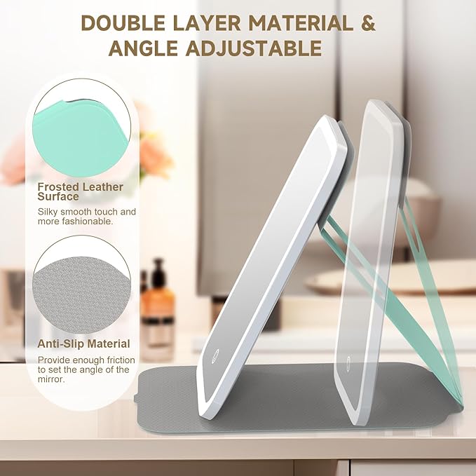 Mocado Travel Makeup Mirro with Lights, 360° Rotation Lighted Makeup Mirror, Portable Mirror with 10x Magnification, 60LEDs 3 Color Lightings, Dimmable Touch Screen, Tabletop Light up Mirror(Green)