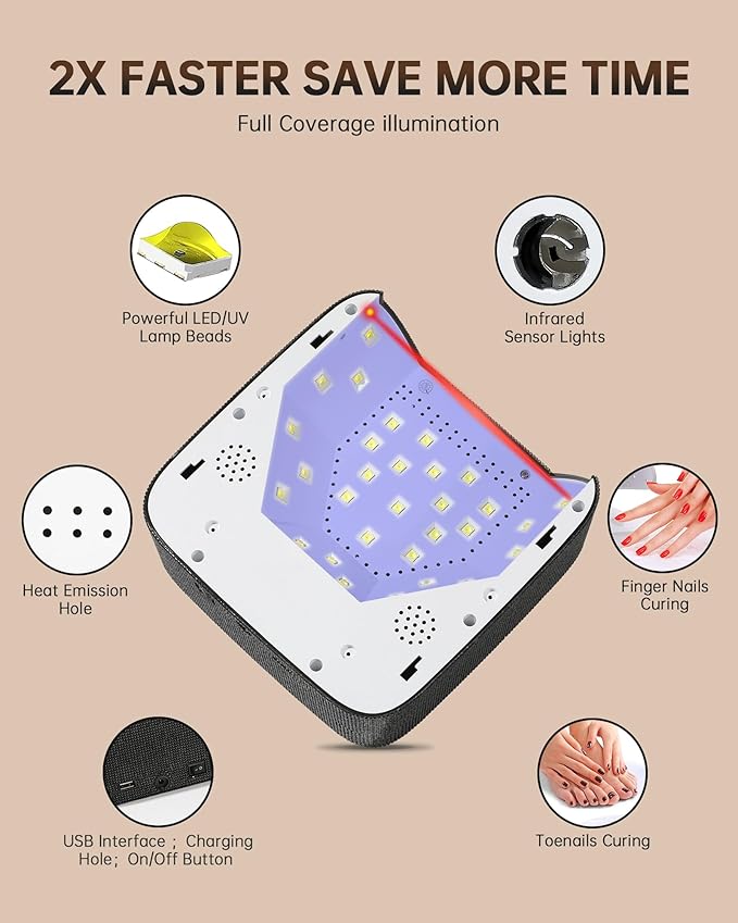 UV LED Nail Lamp 72W Rechargeable Sparkly Wireless Nail Dryer Gel Polish Light with 5 Timer Setting Professional Quick Dry Curing Lamp with Display Auto Sensor for Salon & Home, Black