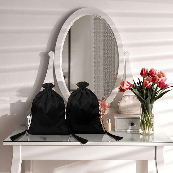 Silkfly 30 Pcs Satin Wig Bag Satin Silk Bags Large Hair Packaging Drawstring Pouch with Tassel for Women Wigs Hair Extensions Hair Tools Storage Travel Home Salon Makeup Gift, Black