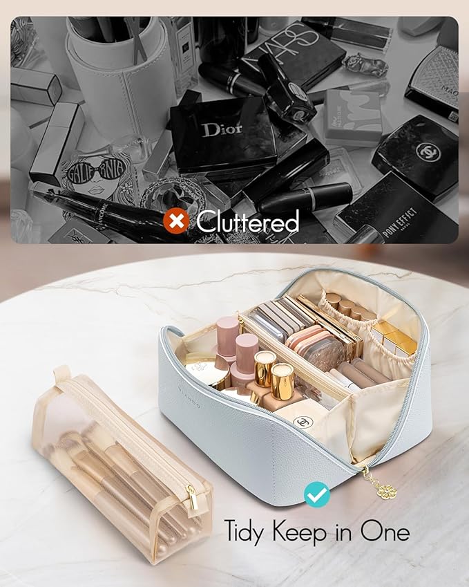 Vlando Makeup Bag,Travel Makeup Bag Waterproof Portable Cosmetic Bag PU Leather Open Flat Make up Organizer for Toiletries,Gifts for Teen Girls Women(Baby Blue)