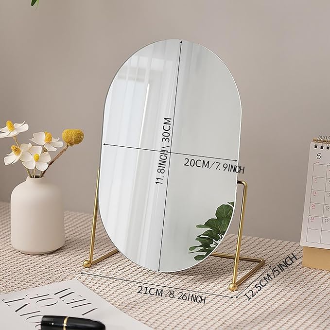 Desk Vanity Mirror with Stand Tabletop Makeup Table Mirrors Portable Table Make Up for Bedroom Golden Metal Framed Folding Bathroom Shaving Cosmetic Mirror