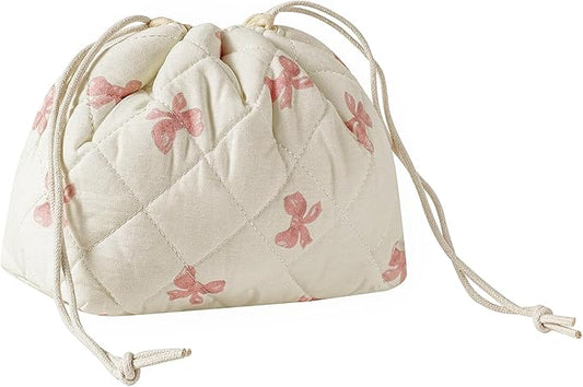 Cotton Quilted Drawstring Makeup Bag with Canvas Lining,Coquette Aesthetic Cute Travel Toiletry Bag,Drawstring Gift Bag for Women and Girls（09Little Pink Bow）