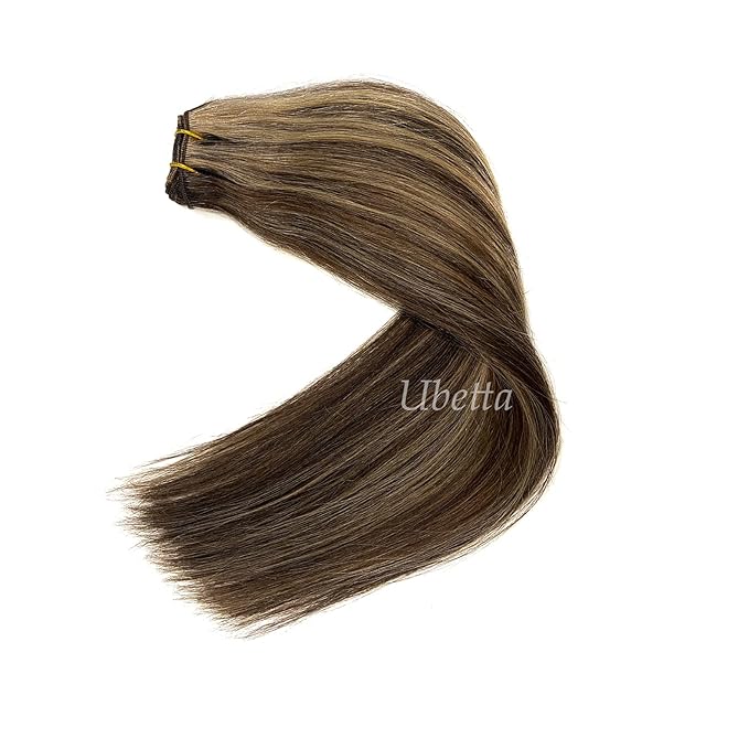 Ubetta Sew-in Human Hair Extensions - Dark Brown Balayage Ash Brown Hand Tied Weft Bundles - 14 Inch 80G