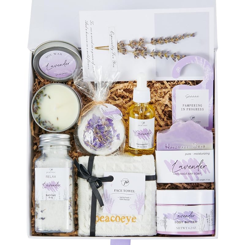 Gifts for Women Spa Lavender Bath Gift Baskets Mothers Day Gifts Relaxing Self Care Gift for Mom Her Sister Wife Auntie Home Bath Kit Care Package Birthday Friendship Gift Ideas