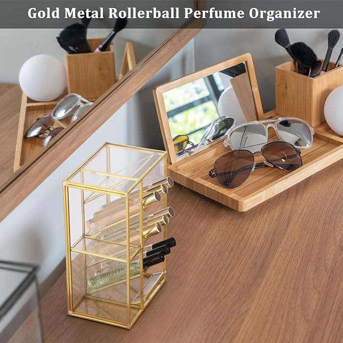 ELLDOO Rollerball Perfume Organizer, 6 Compartment Clear Glass Perfume Storage Holder Vintage Beauty Scent Holder, Metal Makeup Lipgloss Lipstick Display Case