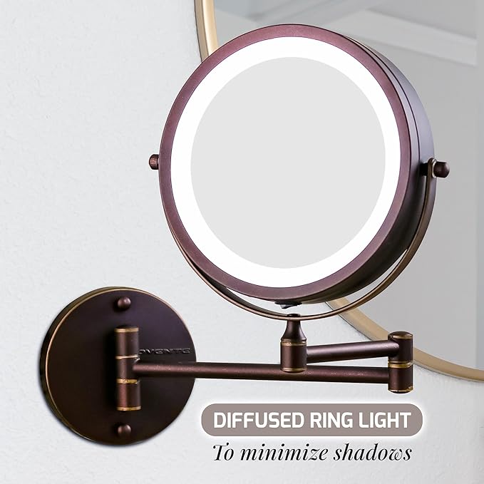 OVENTE 7" Lighted Wall Mount Makeup Mirror with 1X/10X Magnification, Cordless Double Sided Magnifying Round Vanity Mirror, 360° Swivel Design, Extendable and Folding Arm, Antique Bronze MFW70ABZ1X10X