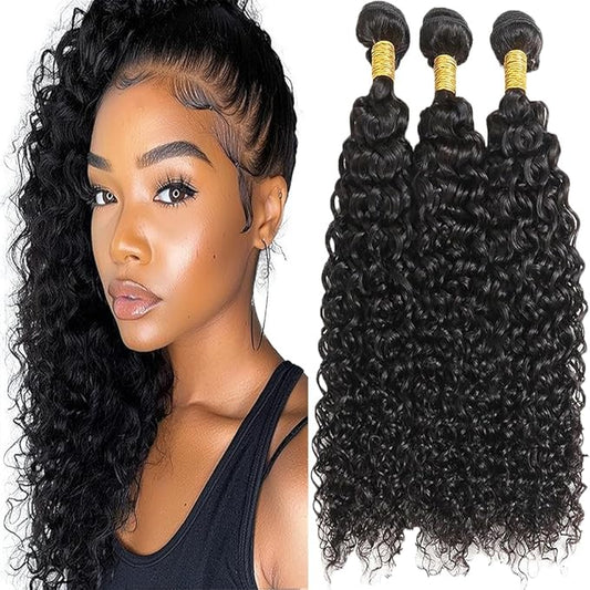 Color 1B Human Hair Bundles Water Curly Weave Bundles Natural Color Water Wave Brazilian Human Hair Weave Extensions Soft and Silky for Black Women 20 22 24 Inch