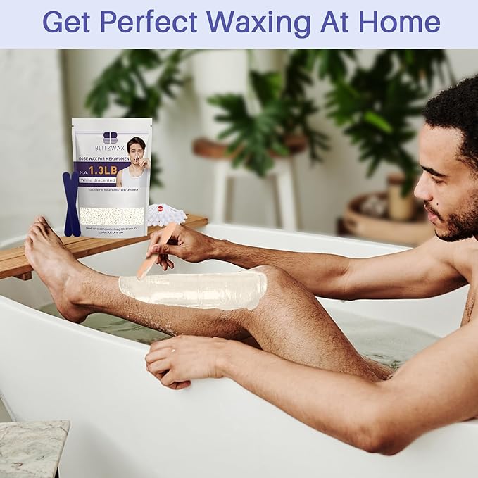 BLITZWAX Hair Removal Hard Wax Beads Unscented 1.3lb Waxing Beans Kit with 30 Nose Waxing Sticks for Sensitive Skin, Face, Back, Body, Brazilian and Coarse Hair, Home Wax Pearls for Men Women, White