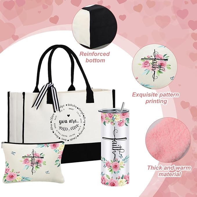 Paterr 7 Pcs Christian Gift for Women Include 20 oz Stainless Steel Tumbler Inspirational Religious Tote Bag Makeup Bag Socks Keychain Thank You Card Christian Birthday Gifts for Women(You Are)