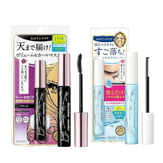 HEROINE MAKE by KISSME Mascara Duo Set | 2 Full-Size -Waterproof Volumizing Mascara Black,Defining Fiber Long-lasting False Eyelash Effect + Gentle Eye Makeup Remover for Waterproof Mascara