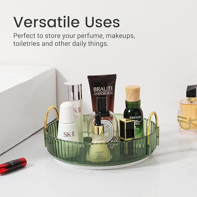 Rotating Makeup Organizer for Vanity, Skincare Make Up Tray for Bathroom Counter, Clear Perfume Storage Cosmetic Display Case Holder 360 Spinning(Green)