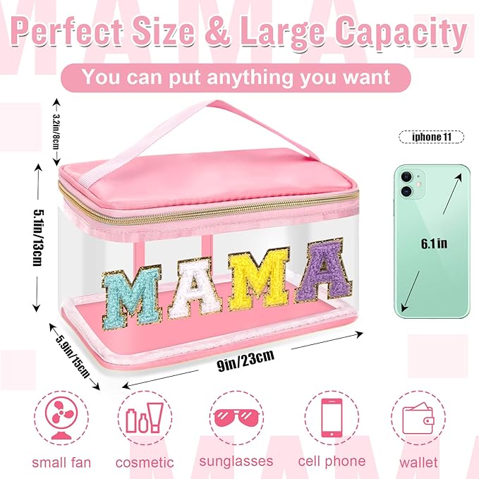 Chenille Letter Clear Makeup Bags Mama Pouch, Preppy Patch Makeup Bag Zipper with Handle, Transparent PVC & Nylon Waterproof Glitter Cosmetic Handbag Travel Toiletry Storage for Women Girl(MAMA-Pink)