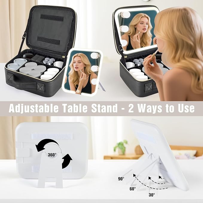 Travel Makeup Bag with Removable Mirror and Light, LED Lighted Make up Train Case, Cosmetic Organizer with PU Leather, 3 Colors Dimming Light, Adjustable Dividers & Brush Storage Board, Gift for Women