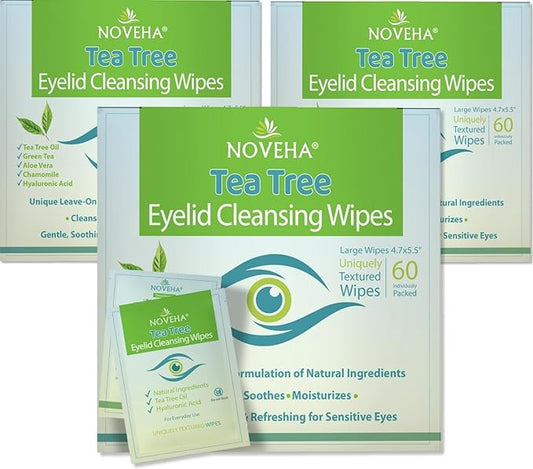 NOVEHA Tea Tree Oil Eyelid & Lash Wipes With Hyaluronic Acid, Green Tea & Chamomile For Blepharitis & Itchy Eyes, Individually Wrapped Eyelash Wipes Natural Makeup Remover & Daily Cleanser (Pack of 3)