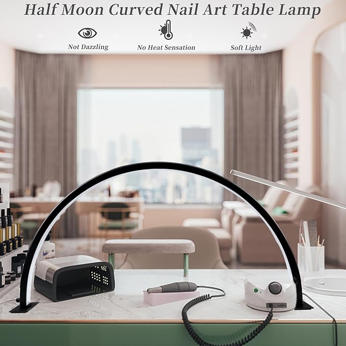 Half Moon Light Nail Lamp for Desk, Lash Light Led Nail Tech Lamp with Adjustable Brightness, Desk Lamp for Lash Eyelash Extension, Tattoo, Skincare, Eyebrows