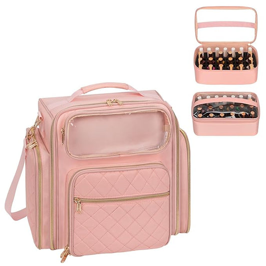 OCHEAL Nail Polish Organizer Case for 50-60 Bottles (15ml) - Portable Manicure Storage Bag with 2 Detachable Pouches, Nail Lamp Compartment & Tools Sections - Travel-Friendly Cosmetic Bag, Pink