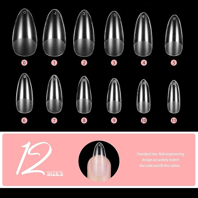 Almond Shape Nail Tips, 240PCS Full Matte Half Clear Soft Gel, Full Cover Nail Tips, Pre-shaped Soak Off False Nail for Salon DIY Nail Art - 12 Sizes