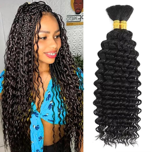 Human Braiding Hair 2 Bundles 100g 16 Inch Deep Wave Bulk Human Hair for Braid No Weft Curly Hair Bulk Curly for Boho Braids 12A Brazilian Virgin Extensions Natural Color