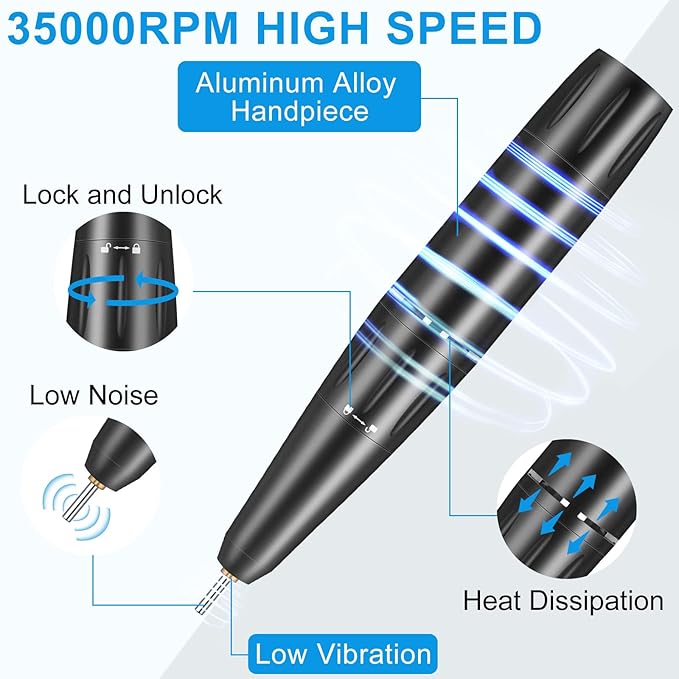 Electric Nail Drill, Urbuti 35000RPM Professional Nail Drill Machine, Portable Rechargeable File Machine Set for Acrylic Gel Nails, Manicure Pedicure Tools for Home and Salon Use(Black)