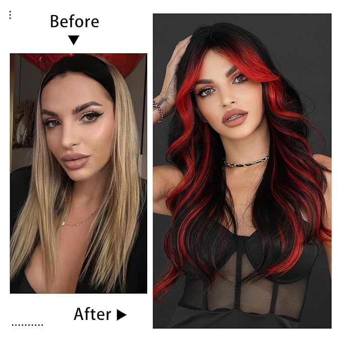 Black Red Highlight Long Wavy Wig with Curtain Bang 26 Inch Red Black Ombre Synthetic Heat Resistant with Dark Root Wig for Women Daily Party used.