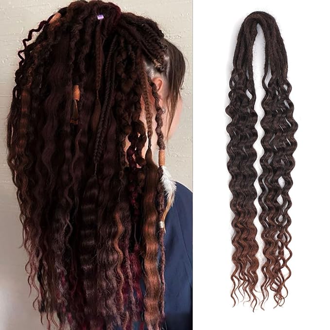 24 In Curly Dreadlock Extensions, 10 Strands Ombre Auburn Synthetic Double Ended Dreads Extensions, 100% Handmade Dreads Hippie Style Dreadlocks for Woman